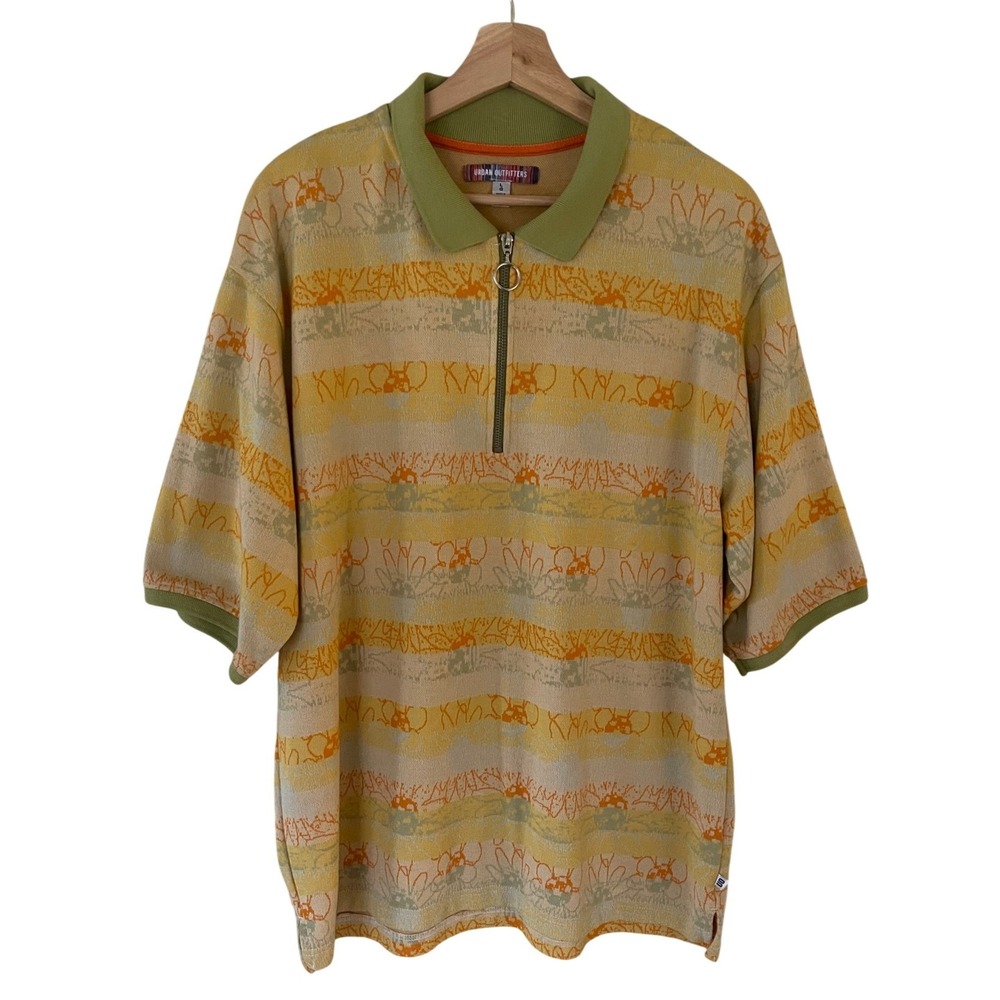 Urban Outfitters Mens Yellow Abstract Floral Stripe Quarter Zip Polo Shirt Large